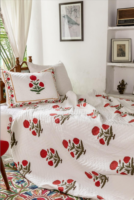 Hand Block Quilt & Shams - Big Poppy Coral