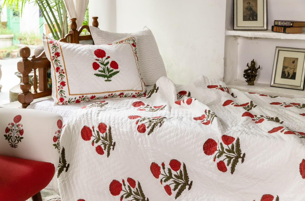 Hand Block Quilt & Shams - Big Poppy Coral