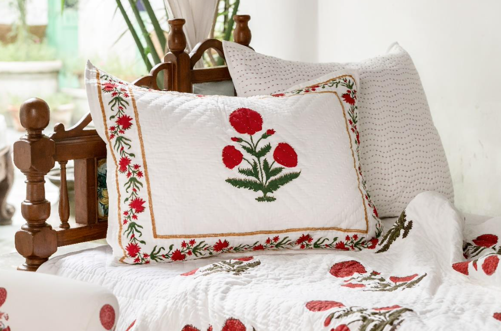 Hand Block Quilt & Shams - Big Poppy Coral