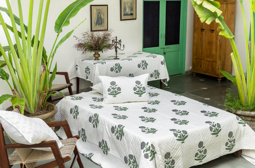 Hand Block Quilt & Shams - Big Poppy Green