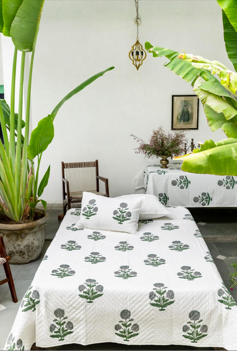 Hand Block Quilt & Shams - Big Poppy Green