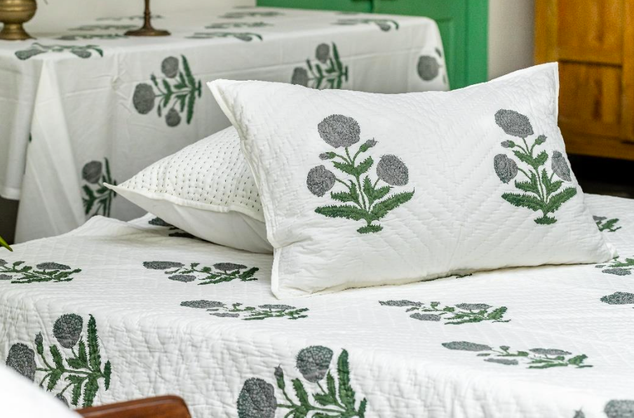 Hand Block Quilt & Shams - Big Poppy Green