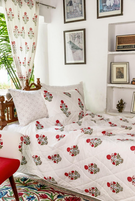 Hand Block Quilt & Shams - Kusum Coral