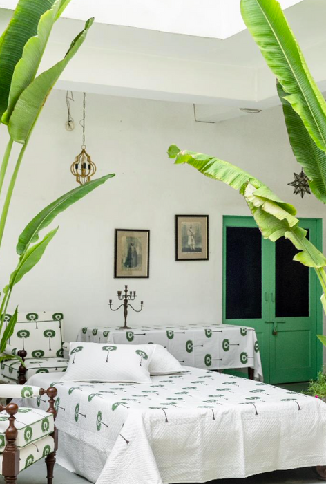 Hand Block Quilt & Shams - Palm Tree Green