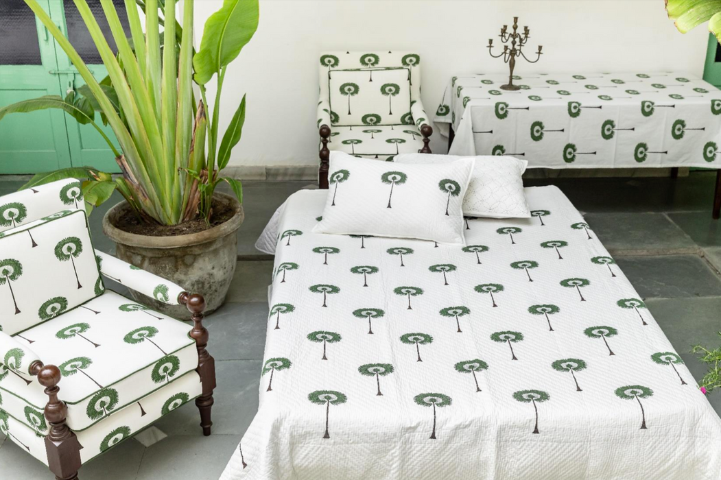 Hand Block Quilt & Shams - Palm Tree Green
