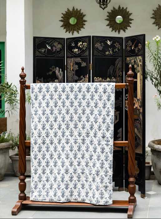 Hand Block Quilt & Shams - Rose Bush Blue