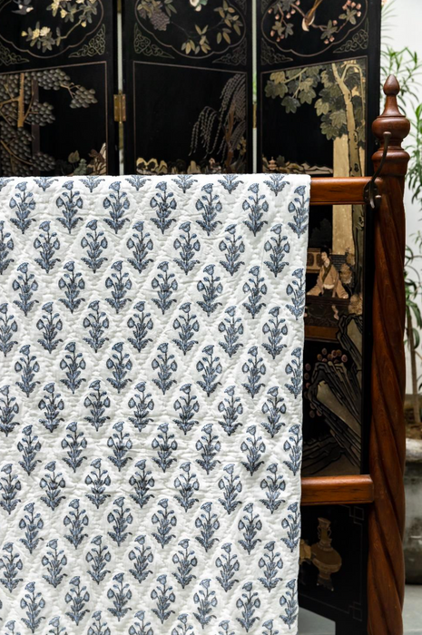 Hand Block Quilt & Shams - Rose Bush Blue