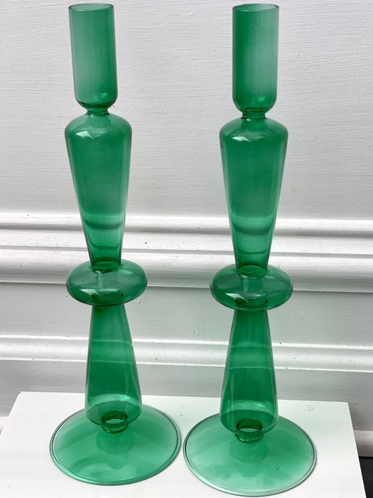 Green Bubble Glass Candlestick Holders