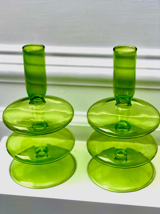 Light Green Bubble Glass Candlestick Holders